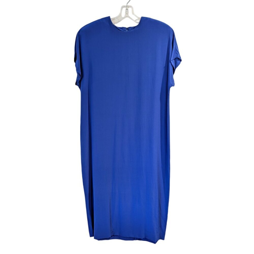 VINTAGE 100% Silk Shift Dress 14 Royal Blue Dolman Short Sleeve Shoulder Pads